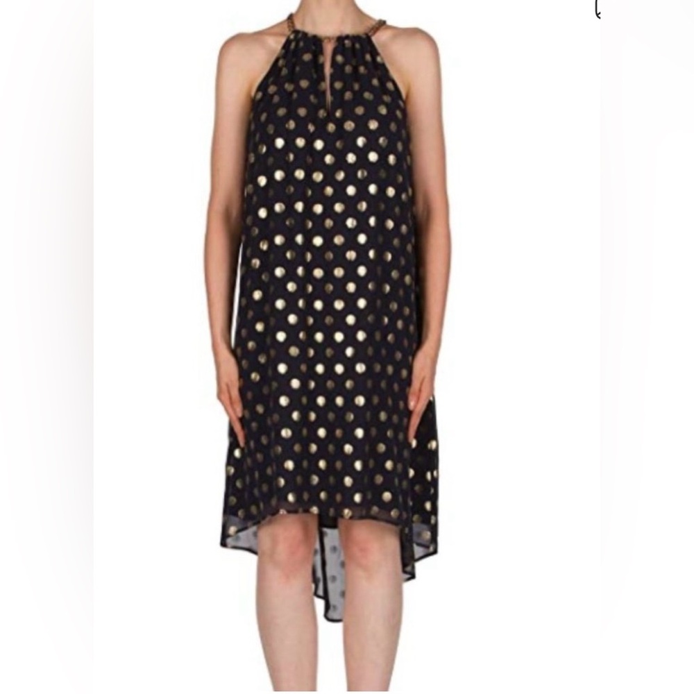 Joseph Ribkoff Navy and Gold Polka Dot Halter Dress
